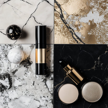 Cosmetic branding, blog cover and girly glamor concept - Make-up base kitle vanity table, lipstick, concealer and eyeshadow for luxury beauty brand holiday designの素材