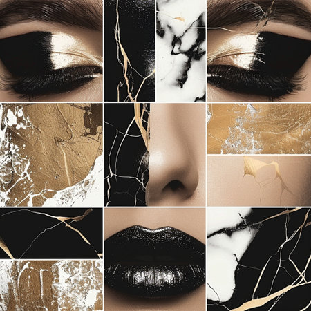 Collage of beautiful female face with black and gold make-up.の素材