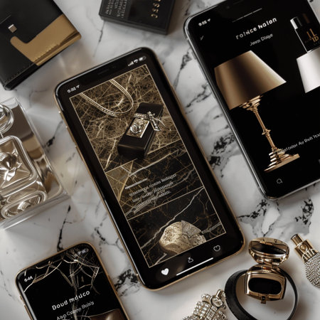 top view of smartphone with fashion accessoriesle surface, online shop conceptの素材