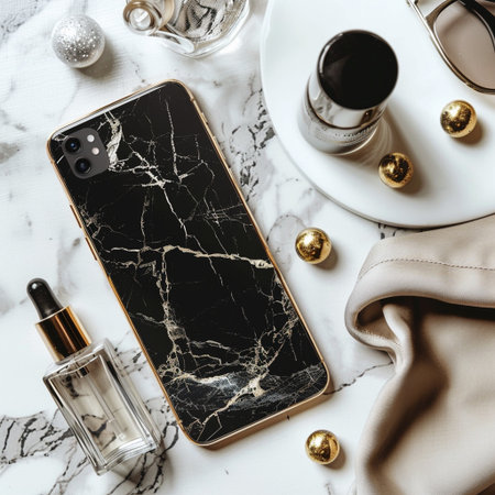 Smartphone with black screen mockuple background, flat layの素材