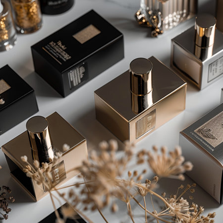 Cosmetic branding, glamor fragrance and shopping sale concept - Luxury perfume bottlesle background, make-up and cosmetics product for luxury beauty brand, holiday sale designの素材