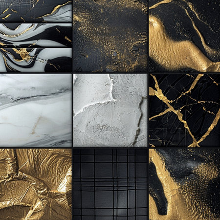 Collage of four images of marble with gold and black stripes.の素材