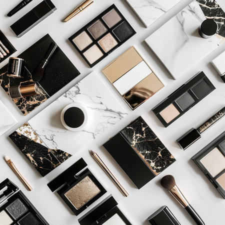 collection of make up and cosmetic beauty products arranged surface, flat layの素材