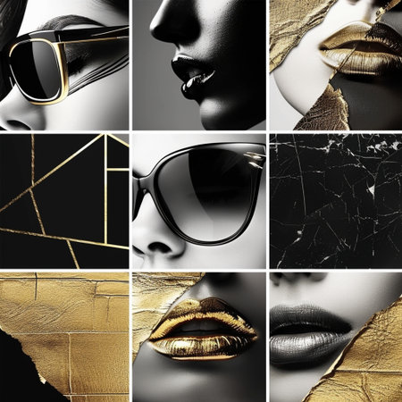 Collage of beautiful woman's face with gold jewelry. Collage.の素材
