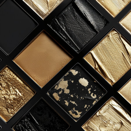 Gold and black eye shadow palette closeup. Abstract background for design.の素材