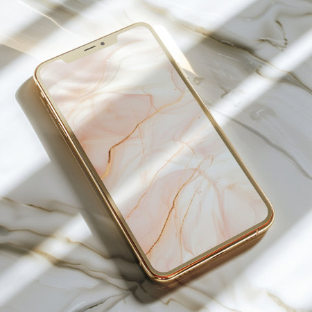 Smartphone with pink marble texture background. 3d renderの素材