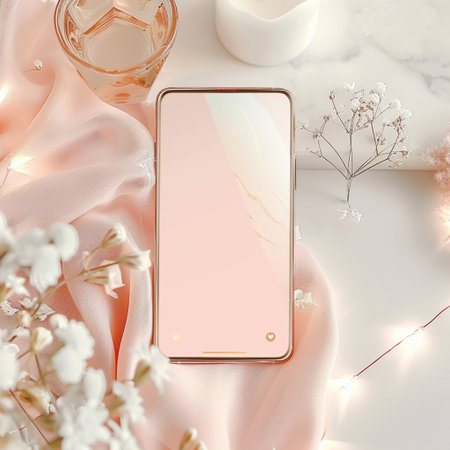 Smartphone mockup with blank screen on pink silk background. 3d renderingの素材