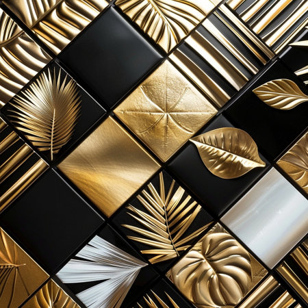Luxury golden background with palm leaves. 3d illustration.の素材