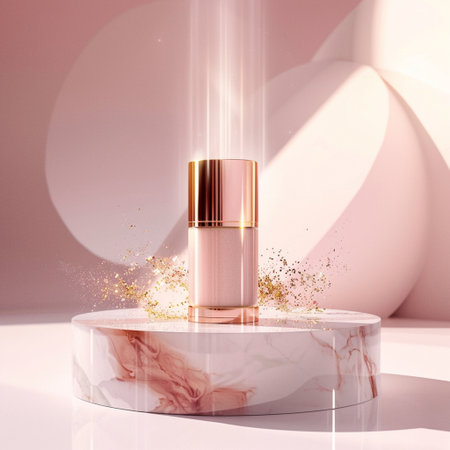 3d render, abstract background, beige cosmetic product, cream or lotion bottle on a marble podiumの素材