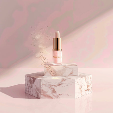 3d render of cosmetic product display podium with pink liquid lipstick on it.の素材