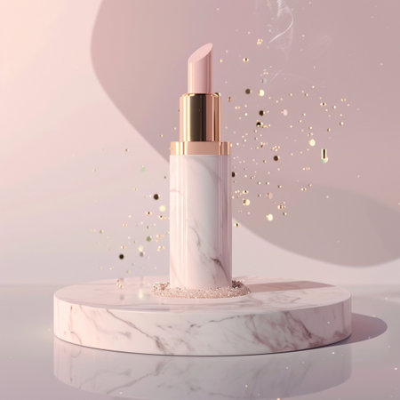 3d rendering of a white cosmetic bottle with golden glitter on a white marble podiumの素材
