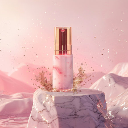 Glamorous pink cosmetic bottle on white marble podium. 3d renderの素材