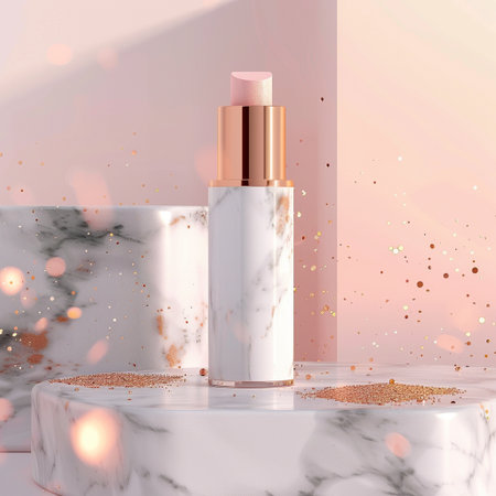 3d render of cosmetic bottle on white marble podium with golden confettiの素材