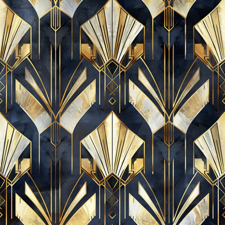 Seamless pattern with gold and black geometric ornament. Watercolor background.の素材