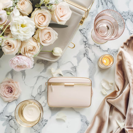 Flat lay composition with cosmetics and flowers on white marble background.の素材