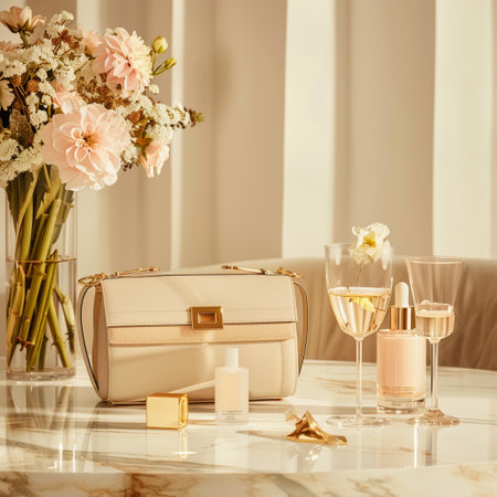 Luxury female bag, perfume and flowers in vasele tableの素材