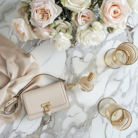 Flat lay of luxury women's accessories on white marble background.の素材