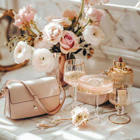 Feminine accessories and cosmetics on the table. Luxury lifestyle.の素材