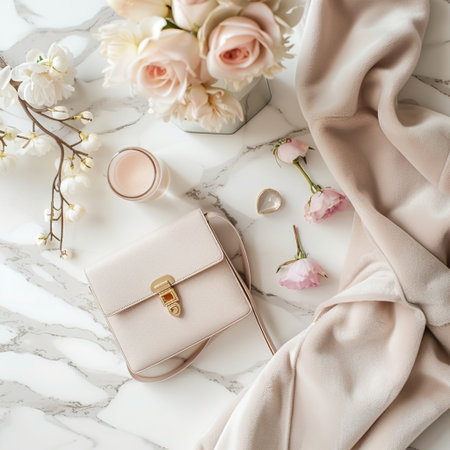 Flat lay composition with feminine accessories and flowers on white marble backgroundの素材