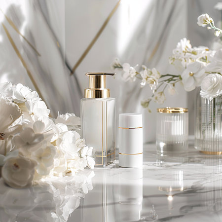 Cosmetic bottle containers with white flowers on glass table. Beauty branding mockup.の素材
