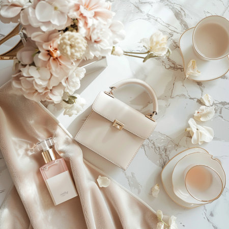 Flat lay composition with perfume bottle, cosmetic bag and flowerle backgroundの素材