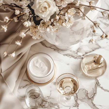 Cosmetic branding, packaging and make-up concept - Face cream moisturizer jar, moisturizing lotion and floral decorle background,の素材