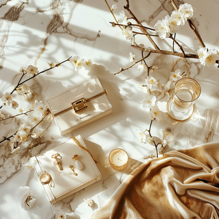 Wedding accessoriesle background. Flat lay, top viewの素材