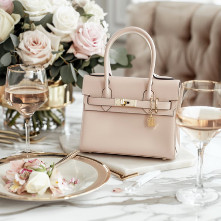 Luxury and elegant table setting with pink leather clutch and glassesの素材