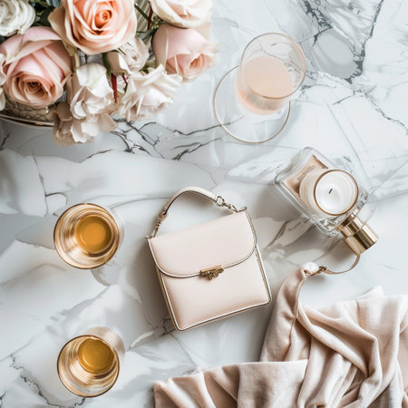 Flat lay of luxury female accessoriesle background, top viewの素材