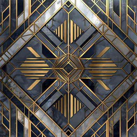 3D illustrations. Abstract geometric pattern with golden elements on a black background.の素材