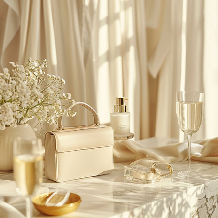 Wedding accessories on the white table. Wedding day concept.の素材
