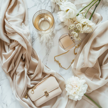 Flat lay of feminine accessories on white marble background, top viewの素材