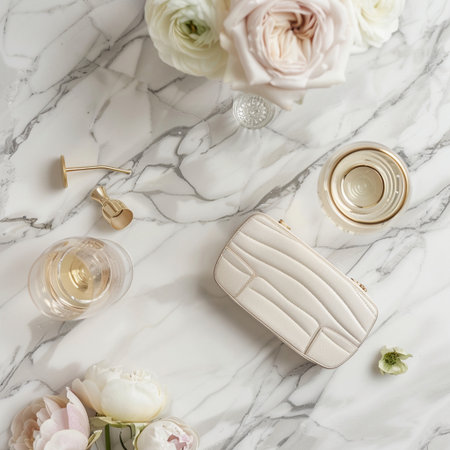 Flat lay composition with female accessories and flowers on white marble backgroundの素材