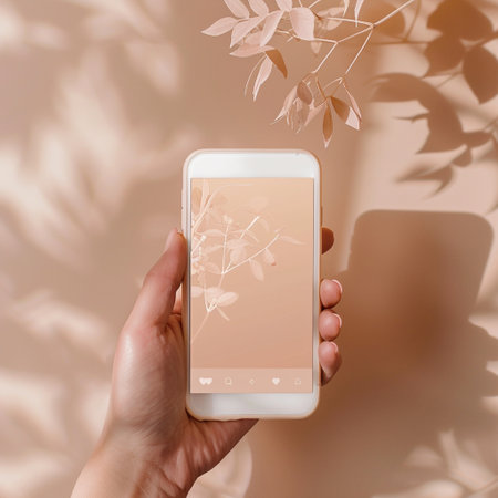 Female hand holding smartphone with blank screen on beige background with shadows. Mockupの素材