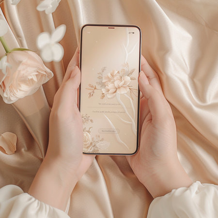 Female hands holding a smartphone with a floral pattern on the screen.の素材