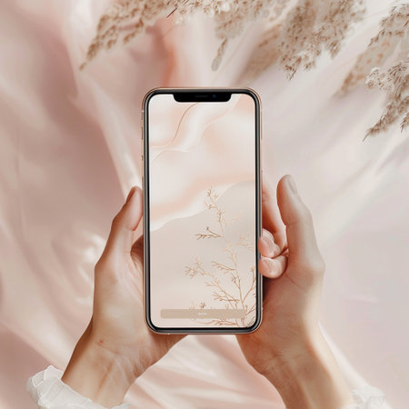 Smartphone mockup in female hands on a soft pink background.の素材