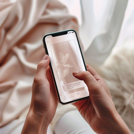 Female hands holding a modern smartphone with a mockup of the screen.の素材
