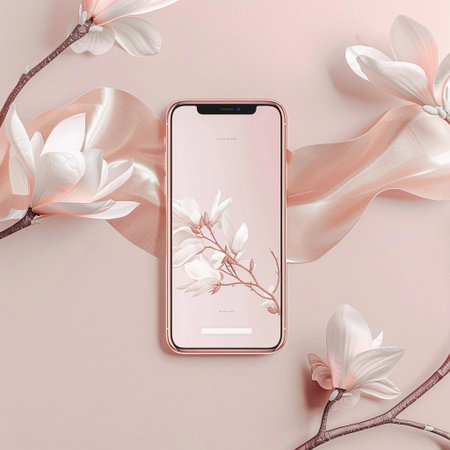 Smartphone mockup with magnolia flowers on pastel pink background.の素材