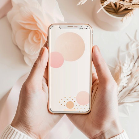cropped view of woman holding smartphone with blank screen on table with flowersの素材