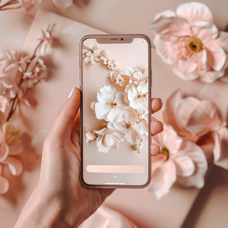 Smartphone in female hand with spring flowers on pink background. Flat lay, top viewの素材