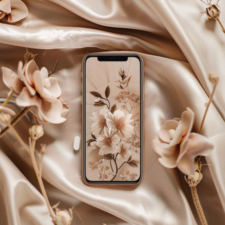 Smartphone with blank screen on beige satin background with flowersの素材