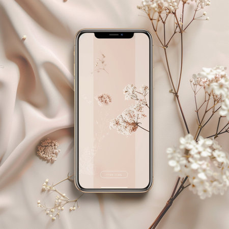 Smartphone with blank screen mockup with gypsophila flowers on silk background. 3D Renderingの素材