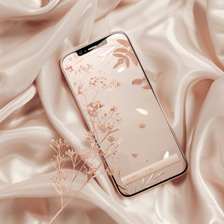 Smartphone with blank screen on the satin background. 3d renderingの素材