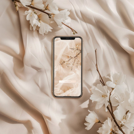 Smartphone mockup with white flowers on beige silk background.の素材