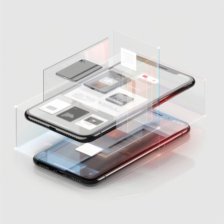 Smartphone with a transparent display on a gray background. 3d renderingの素材