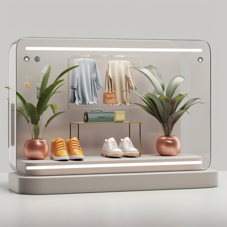 3d illustration of a glass showcase with clothes, shoes and plantsの素材