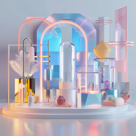 3d rendering of abstract geometric forms in pastel neon colors.の素材