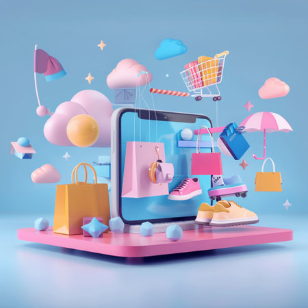 Online shopping concept. Smartphone with shopping bags, shoes, shopping cart and clouds. 3d illustrationの素材