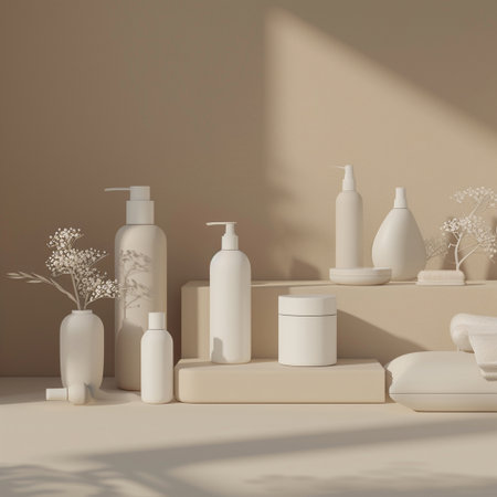 3d render of cosmetic products on the shelf in the interior.の素材