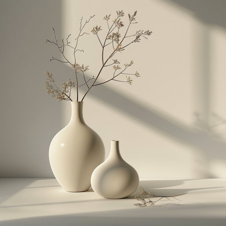 3d render of vase with dry branch in sunlight background.の素材